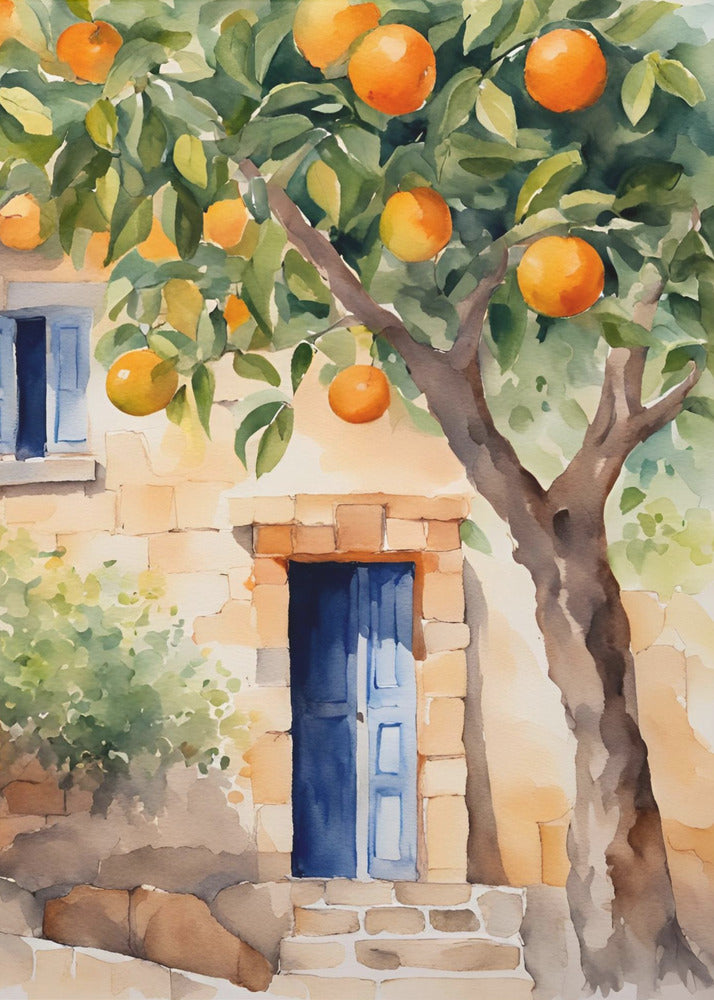 A watercolor painting of a sunlit stone cottage featuring a vibrant blue door, with a large, leafy orange tree full of ripe fruit in the foreground. Wall Art