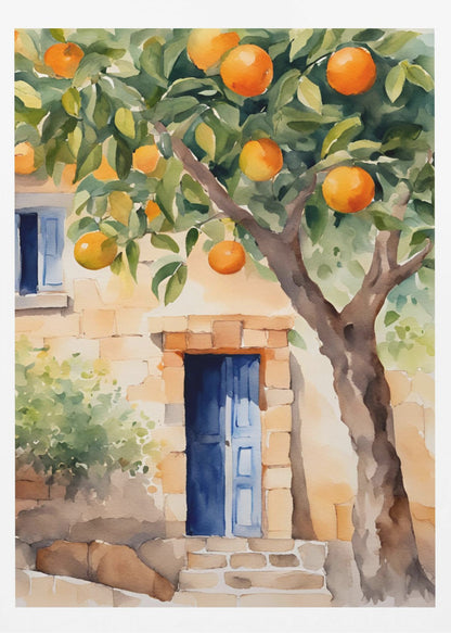 A watercolor painting of a sunlit stone cottage featuring a vibrant blue door, with a large, leafy orange tree full of ripe fruit in the foreground. Wall Art