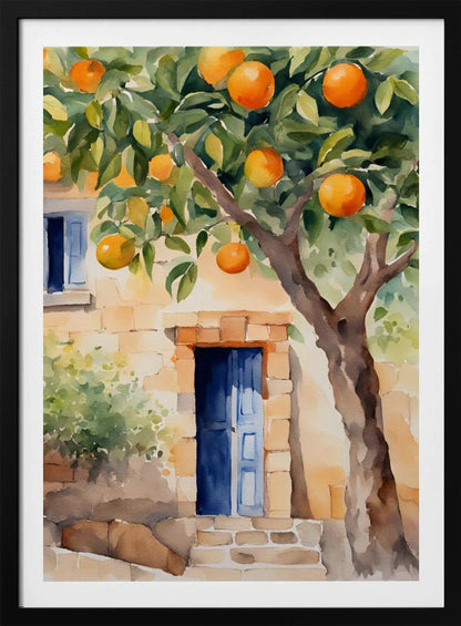 A watercolor painting of a sunlit stone cottage featuring a vibrant blue door, with a large, leafy orange tree full of ripe fruit in the foreground. Wall Art