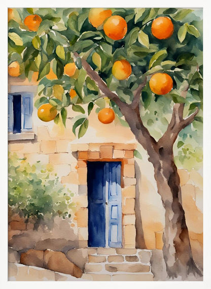 A watercolor painting of a sunlit stone cottage featuring a vibrant blue door, with a large, leafy orange tree full of ripe fruit in the foreground. Wall Art