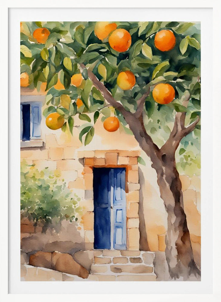A watercolor painting of a sunlit stone cottage featuring a vibrant blue door, with a large, leafy orange tree full of ripe fruit in the foreground. Wall Art