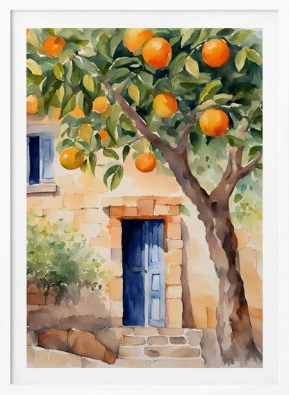 A watercolor painting of a sunlit stone cottage featuring a vibrant blue door, with a large, leafy orange tree full of ripe fruit in the foreground. Wall Art