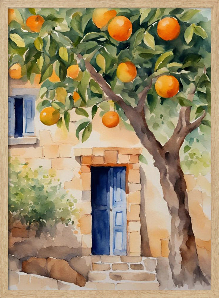 A watercolor painting of a sunlit stone cottage featuring a vibrant blue door, with a large, leafy orange tree full of ripe fruit in the foreground. Wall Art