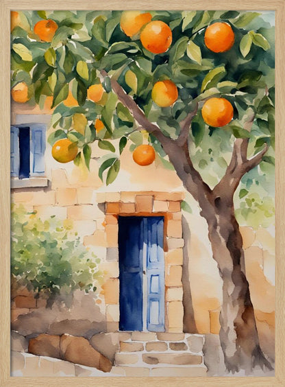 A watercolor painting of a sunlit stone cottage featuring a vibrant blue door, with a large, leafy orange tree full of ripe fruit in the foreground. Wall Art