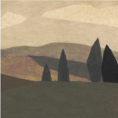 A minimalist painting of a Tuscan-style landscape with rolling hills in shades of brown and muted green. Four dark, stylized cypress trees stand in the foreground under a soft, cloudy beige sky. The entire piece is framed in a light wood frame. Print