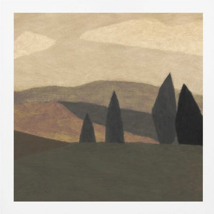 A minimalist painting of a Tuscan-style landscape with rolling hills in shades of brown and muted green. Four dark, stylized cypress trees stand in the foreground under a soft, cloudy beige sky. The entire piece is framed in a light wood frame. Print