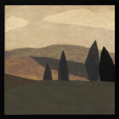 A minimalist painting of a Tuscan-style landscape with rolling hills in shades of brown and muted green. Four dark, stylized cypress trees stand in the foreground under a soft, cloudy beige sky. The entire piece is framed in a light wood frame. Print
