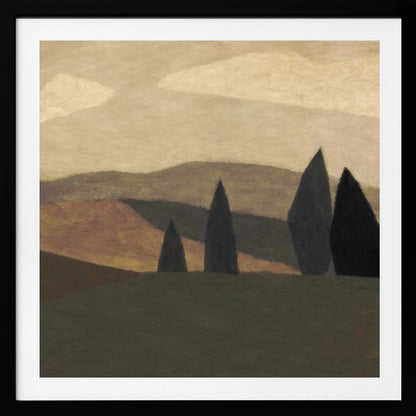 A minimalist painting of a Tuscan-style landscape with rolling hills in shades of brown and muted green. Four dark, stylized cypress trees stand in the foreground under a soft, cloudy beige sky. The entire piece is framed in a light wood frame. Print