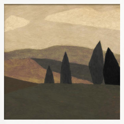 A minimalist painting of a Tuscan-style landscape with rolling hills in shades of brown and muted green. Four dark, stylized cypress trees stand in the foreground under a soft, cloudy beige sky. The entire piece is framed in a light wood frame. Print
