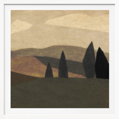 A minimalist painting of a Tuscan-style landscape with rolling hills in shades of brown and muted green. Four dark, stylized cypress trees stand in the foreground under a soft, cloudy beige sky. The entire piece is framed in a light wood frame. Print