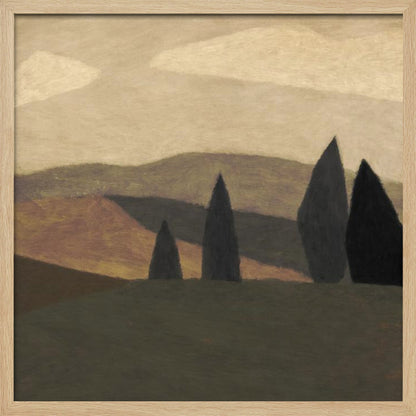 A minimalist painting of a Tuscan-style landscape with rolling hills in shades of brown and muted green. Four dark, stylized cypress trees stand in the foreground under a soft, cloudy beige sky. The entire piece is framed in a light wood frame. Print