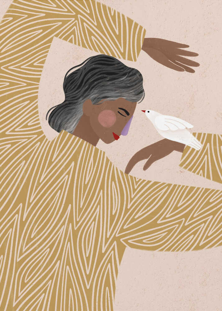 An illustration of a person with dark skin and grey-streaked hair wearing a mustard yellow patterned shirt. They are in a gentle pose, with a small white bird perched on their hand, touching its beak to their nose against a soft pink background. Decor