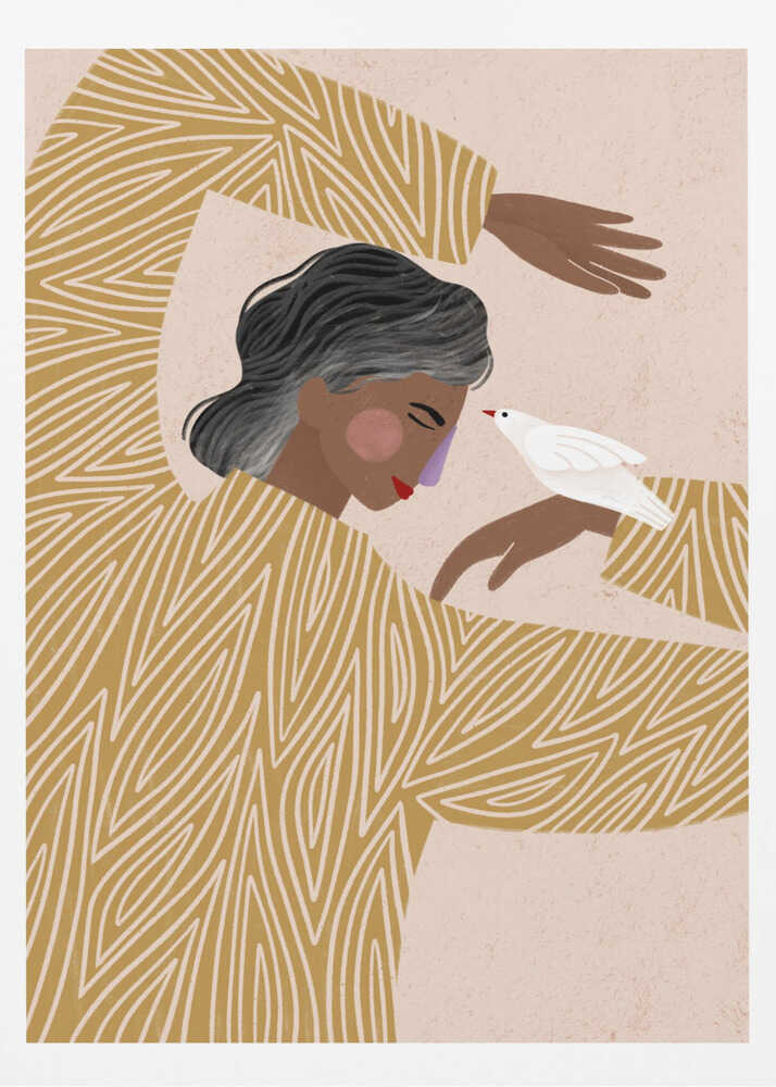 An illustration of a person with dark skin and grey-streaked hair wearing a mustard yellow patterned shirt. They are in a gentle pose, with a small white bird perched on their hand, touching its beak to their nose against a soft pink background. Decor