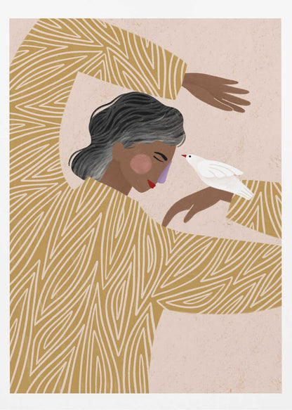 An illustration of a person with dark skin and grey-streaked hair wearing a mustard yellow patterned shirt. They are in a gentle pose, with a small white bird perched on their hand, touching its beak to their nose against a soft pink background. Decor