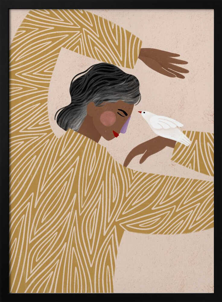 An illustration of a person with dark skin and grey-streaked hair wearing a mustard yellow patterned shirt. They are in a gentle pose, with a small white bird perched on their hand, touching its beak to their nose against a soft pink background. Decor