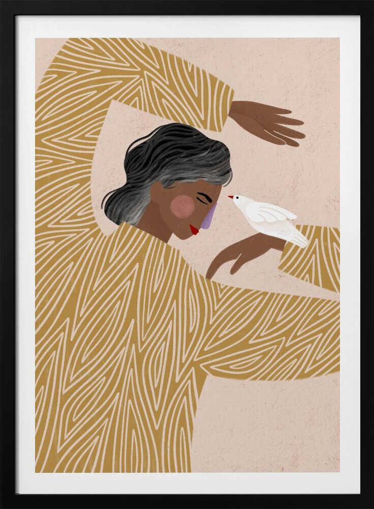 An illustration of a person with dark skin and grey-streaked hair wearing a mustard yellow patterned shirt. They are in a gentle pose, with a small white bird perched on their hand, touching its beak to their nose against a soft pink background. Decor