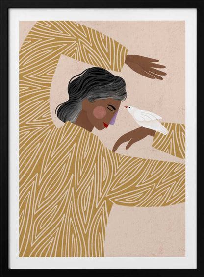 An illustration of a person with dark skin and grey-streaked hair wearing a mustard yellow patterned shirt. They are in a gentle pose, with a small white bird perched on their hand, touching its beak to their nose against a soft pink background. Decor