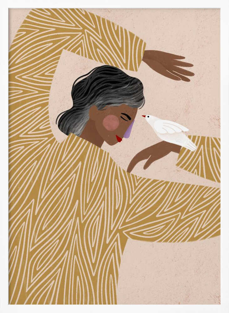 An illustration of a person with dark skin and grey-streaked hair wearing a mustard yellow patterned shirt. They are in a gentle pose, with a small white bird perched on their hand, touching its beak to their nose against a soft pink background. Decor