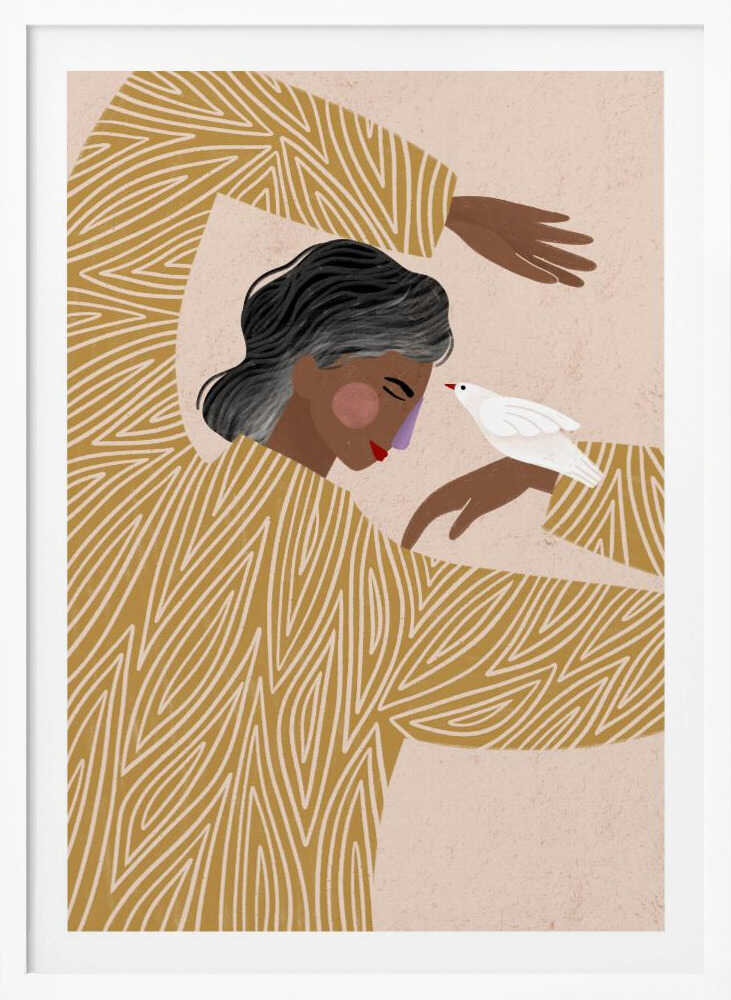 An illustration of a person with dark skin and grey-streaked hair wearing a mustard yellow patterned shirt. They are in a gentle pose, with a small white bird perched on their hand, touching its beak to their nose against a soft pink background. Decor