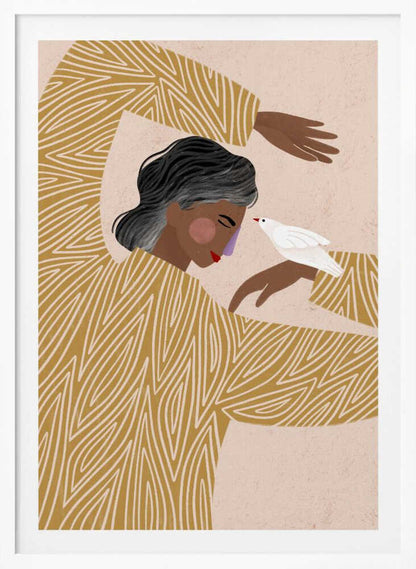 An illustration of a person with dark skin and grey-streaked hair wearing a mustard yellow patterned shirt. They are in a gentle pose, with a small white bird perched on their hand, touching its beak to their nose against a soft pink background. Decor