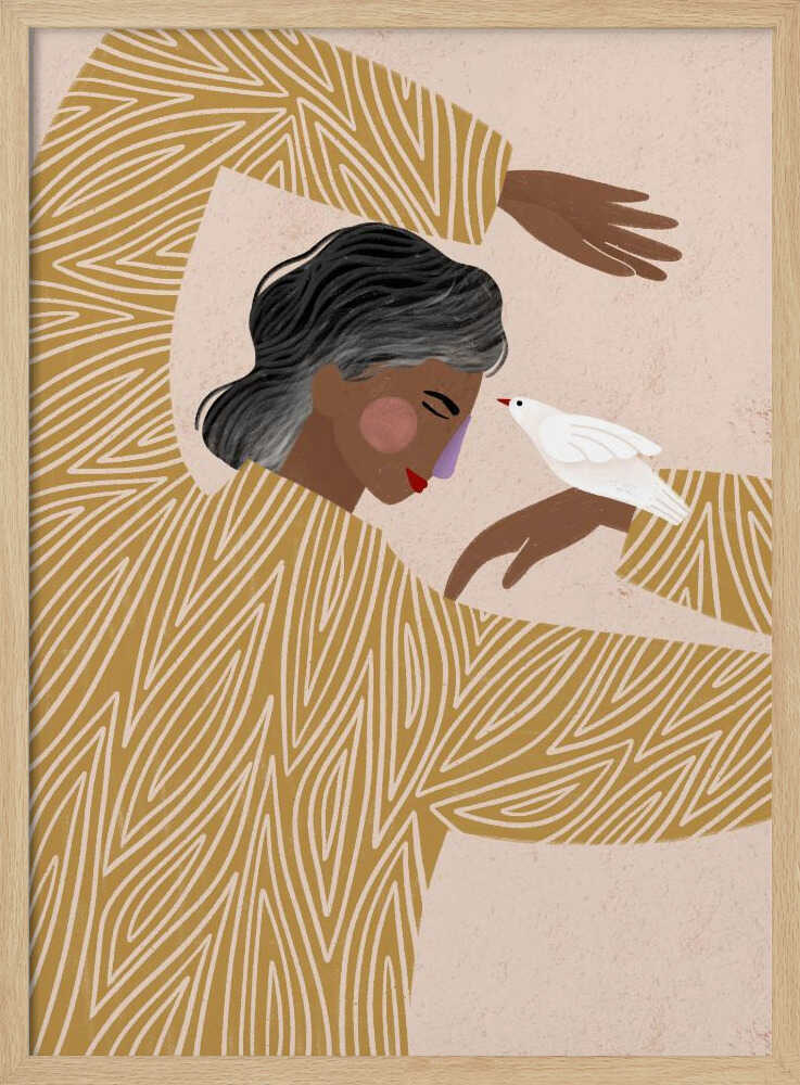 An illustration of a person with dark skin and grey-streaked hair wearing a mustard yellow patterned shirt. They are in a gentle pose, with a small white bird perched on their hand, touching its beak to their nose against a soft pink background. Decor