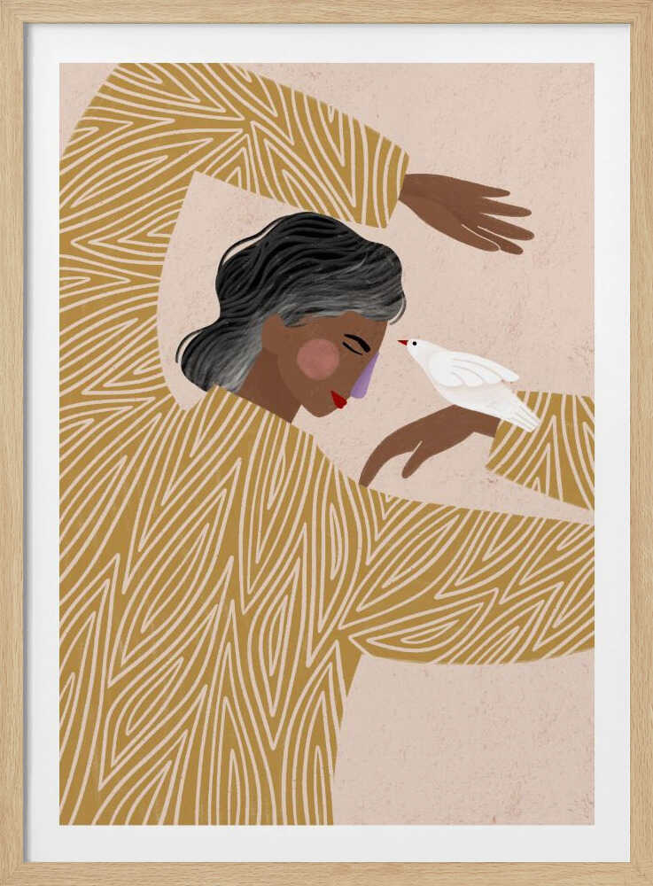An illustration of a person with dark skin and grey-streaked hair wearing a mustard yellow patterned shirt. They are in a gentle pose, with a small white bird perched on their hand, touching its beak to their nose against a soft pink background. Decor