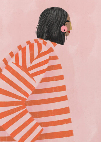 A modern illustration of a woman with short black hair in profile, wearing an oversized sweater with bold orange and light pink horizontal stripes, set against a solid pink background. Artwork