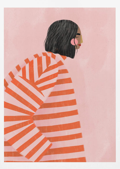 A modern illustration of a woman with short black hair in profile, wearing an oversized sweater with bold orange and light pink horizontal stripes, set against a solid pink background. Artwork