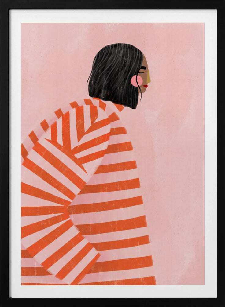 A modern illustration of a woman with short black hair in profile, wearing an oversized sweater with bold orange and light pink horizontal stripes, set against a solid pink background. Artwork