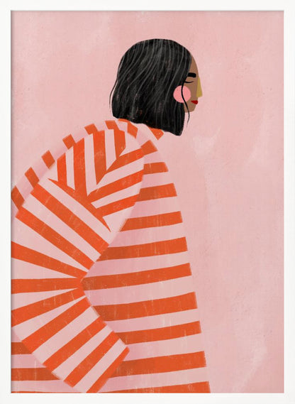 A modern illustration of a woman with short black hair in profile, wearing an oversized sweater with bold orange and light pink horizontal stripes, set against a solid pink background. Artwork