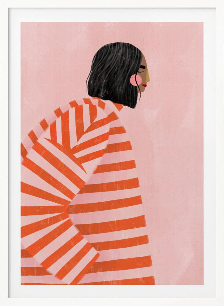 A modern illustration of a woman with short black hair in profile, wearing an oversized sweater with bold orange and light pink horizontal stripes, set against a solid pink background. Artwork