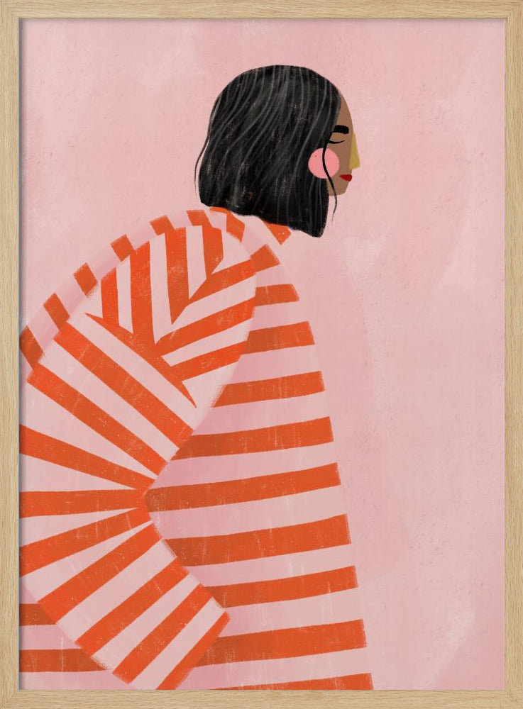 A modern illustration of a woman with short black hair in profile, wearing an oversized sweater with bold orange and light pink horizontal stripes, set against a solid pink background. Artwork
