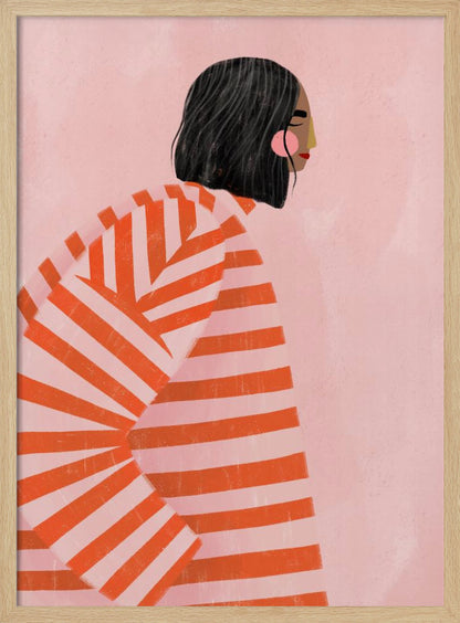 A modern illustration of a woman with short black hair in profile, wearing an oversized sweater with bold orange and light pink horizontal stripes, set against a solid pink background. Artwork