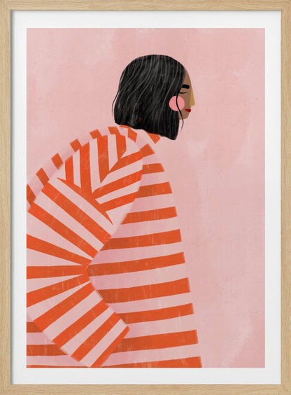 A modern illustration of a woman with short black hair in profile, wearing an oversized sweater with bold orange and light pink horizontal stripes, set against a solid pink background. Artwork