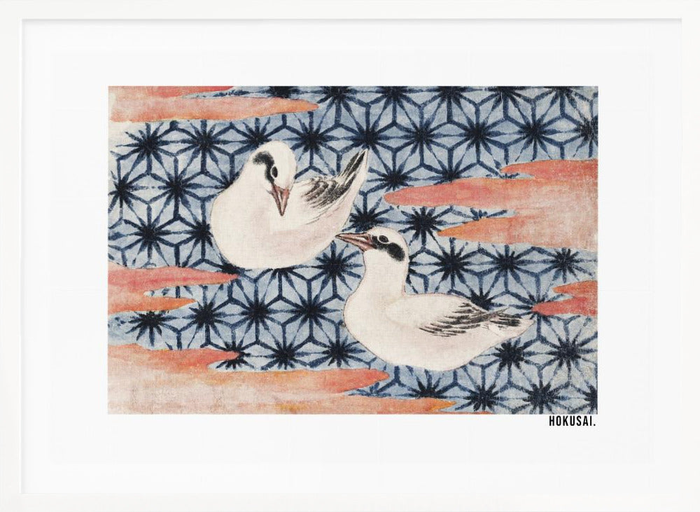 A classic Japanese woodblock print by Hokusai featuring two white birds with black eye markings resting on a background of a traditional blue Asanoha geometric pattern. Soft, reddish-orange cloud-like shapes float across the scene. Print