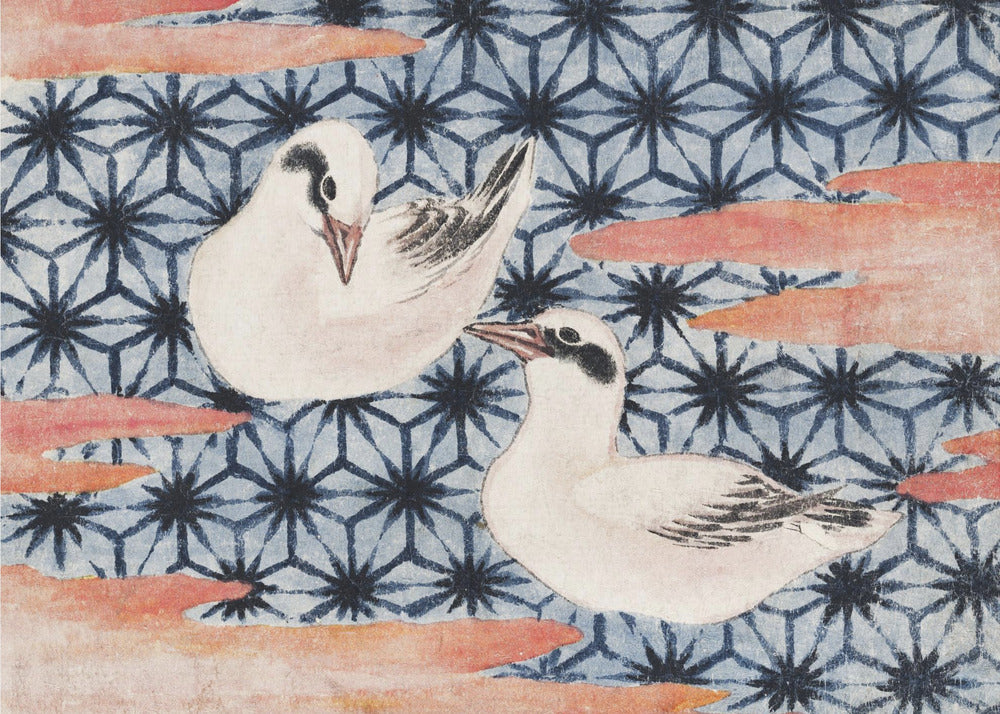 A vintage Japanese woodblock print featuring two white birds with black markings. The birds are set against a blue background with a dark blue Asanoha geometric pattern and reddish-pink, cloud-like shapes. The artwork is enclosed in a silver frame. Wall Art