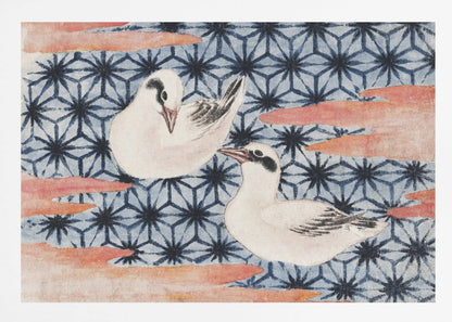 A vintage Japanese woodblock print featuring two white birds with black markings. The birds are set against a blue background with a dark blue Asanoha geometric pattern and reddish-pink, cloud-like shapes. The artwork is enclosed in a silver frame. Wall Art