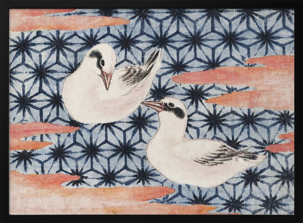 A vintage Japanese woodblock print featuring two white birds with black markings. The birds are set against a blue background with a dark blue Asanoha geometric pattern and reddish-pink, cloud-like shapes. The artwork is enclosed in a silver frame. Wall Art