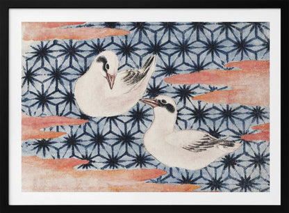A vintage Japanese woodblock print featuring two white birds with black markings. The birds are set against a blue background with a dark blue Asanoha geometric pattern and reddish-pink, cloud-like shapes. The artwork is enclosed in a silver frame. Wall Art