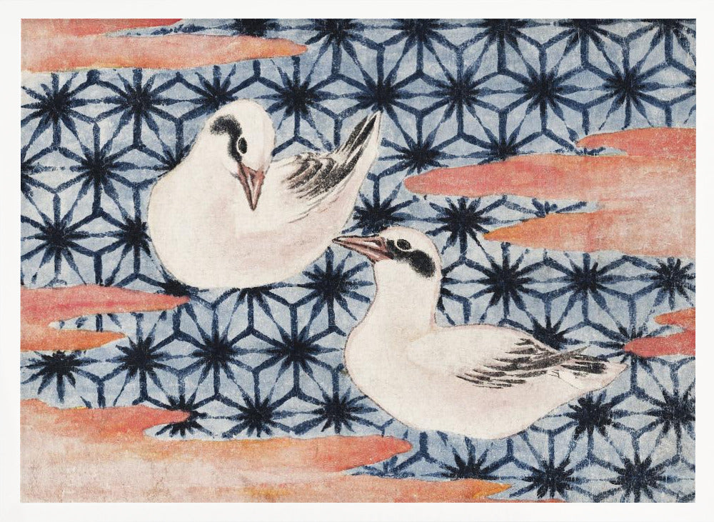 A vintage Japanese woodblock print featuring two white birds with black markings. The birds are set against a blue background with a dark blue Asanoha geometric pattern and reddish-pink, cloud-like shapes. The artwork is enclosed in a silver frame. Wall Art