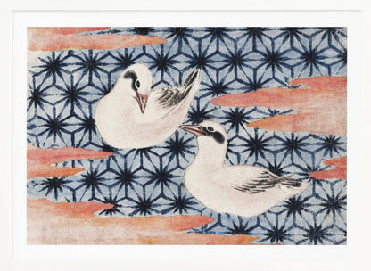 A vintage Japanese woodblock print featuring two white birds with black markings. The birds are set against a blue background with a dark blue Asanoha geometric pattern and reddish-pink, cloud-like shapes. The artwork is enclosed in a silver frame. Wall Art