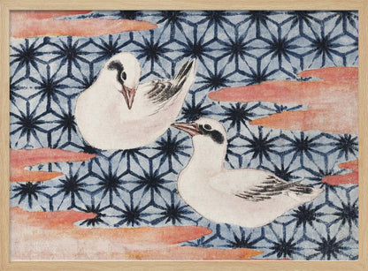 A vintage Japanese woodblock print featuring two white birds with black markings. The birds are set against a blue background with a dark blue Asanoha geometric pattern and reddish-pink, cloud-like shapes. The artwork is enclosed in a silver frame. Wall Art