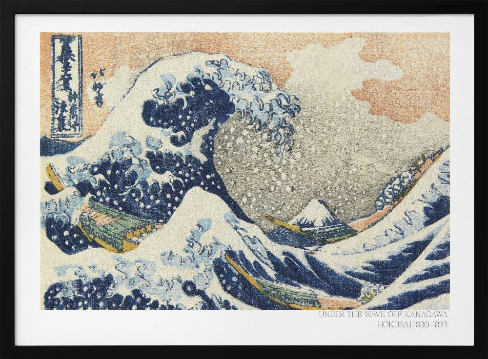A framed, textured print of Katsushika Hokusai's 'The Great Wave off Kanagawa.' The iconic blue and white wave towers over boats, with a small Mount Fuji in the background under an orange-tinted sky. The artwork has a woven, tapestry-like appearance. Poster