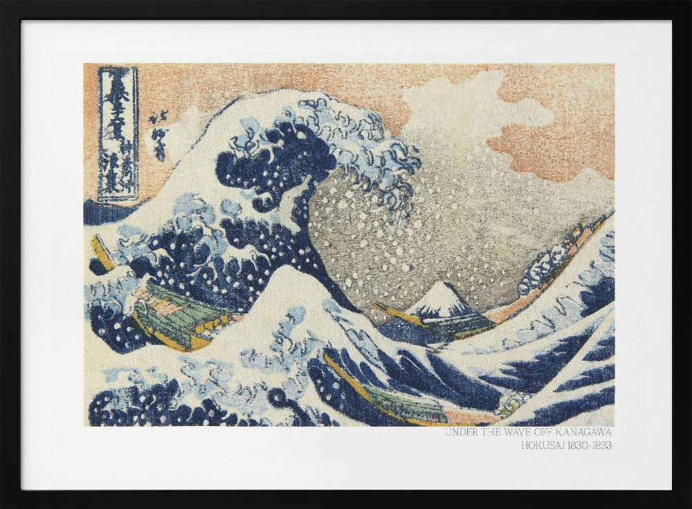 A framed, textured print of Katsushika Hokusai's 'The Great Wave off Kanagawa.' The iconic blue and white wave towers over boats, with a small Mount Fuji in the background under an orange-tinted sky. The artwork has a woven, tapestry-like appearance. Poster
