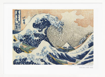 A framed, textured print of Katsushika Hokusai's 'The Great Wave off Kanagawa.' The iconic blue and white wave towers over boats, with a small Mount Fuji in the background under an orange-tinted sky. The artwork has a woven, tapestry-like appearance. Poster
