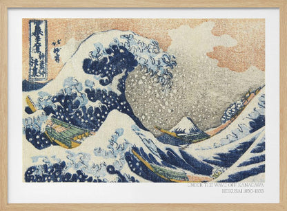 A framed, textured print of Katsushika Hokusai's 'The Great Wave off Kanagawa.' The iconic blue and white wave towers over boats, with a small Mount Fuji in the background under an orange-tinted sky. The artwork has a woven, tapestry-like appearance. Poster