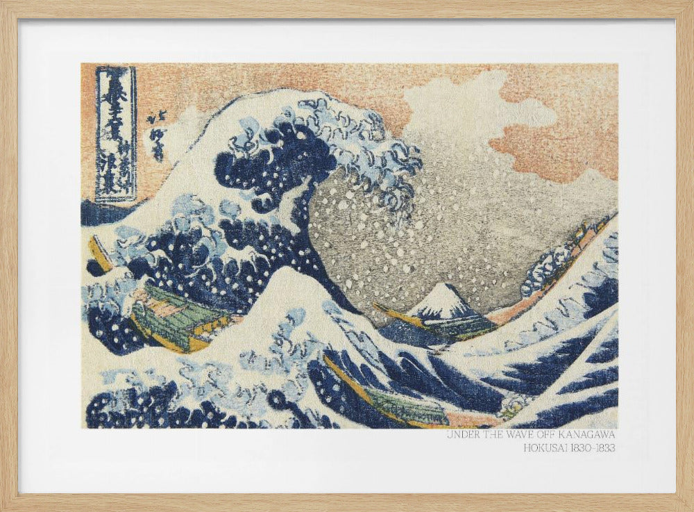A framed, textured print of Katsushika Hokusai's 'The Great Wave off Kanagawa.' The iconic blue and white wave towers over boats, with a small Mount Fuji in the background under an orange-tinted sky. The artwork has a woven, tapestry-like appearance. Poster
