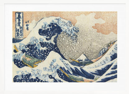 A framed print of Hokusai's 'The Great Wave off Kanagawa,' a Japanese ukiyo-e woodblock print. A huge, dark blue wave with white foam crests over small boats, with a snow-capped Mount Fuji in the distance under a pale orange sky. Artwork