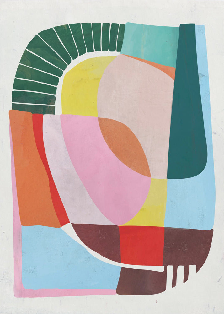 A modern abstract artwork in a black frame, featuring a colorful collage of geometric and curved shapes. Prominent elements include a dark green segmented arch, a yellow semi-circle, and large overlapping forms in shades of pink, blue, orange, and brown against a white background. Poster