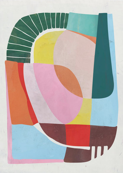 A modern abstract artwork in a black frame, featuring a colorful collage of geometric and curved shapes. Prominent elements include a dark green segmented arch, a yellow semi-circle, and large overlapping forms in shades of pink, blue, orange, and brown against a white background. Poster